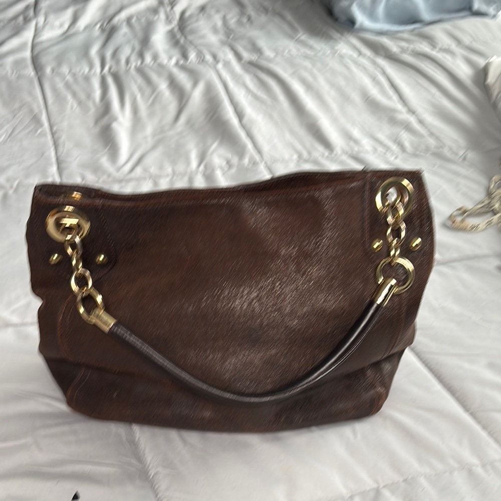 Cynthia Rowley Brown Leather Shoulder Bag with Gold Chain